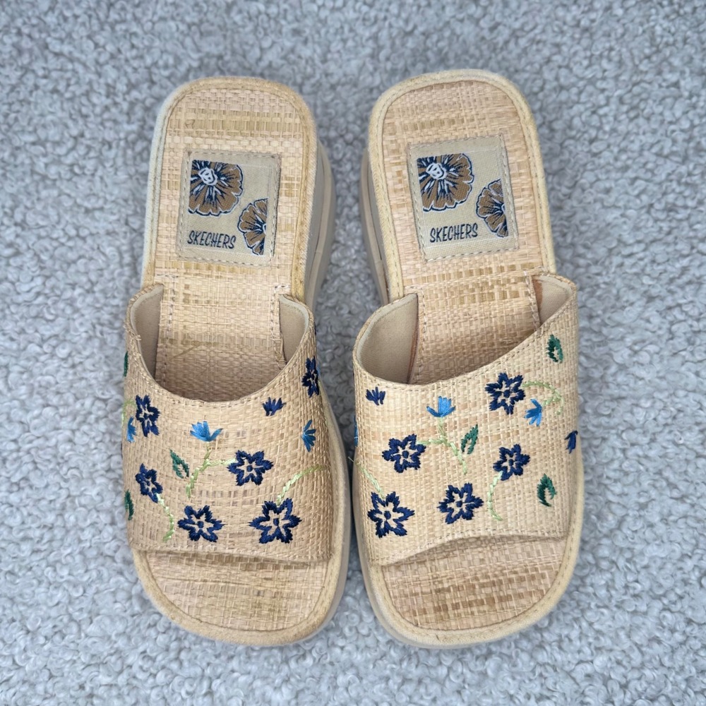 Skechers Vintage 90s Raffia Floral Embroidered Platform Wedge Slide Sandals 7 - Picture 4 of 6